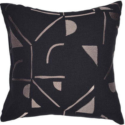 24" Beige and Black Geometric Cotton Blend Throw Pillow With Embroidery