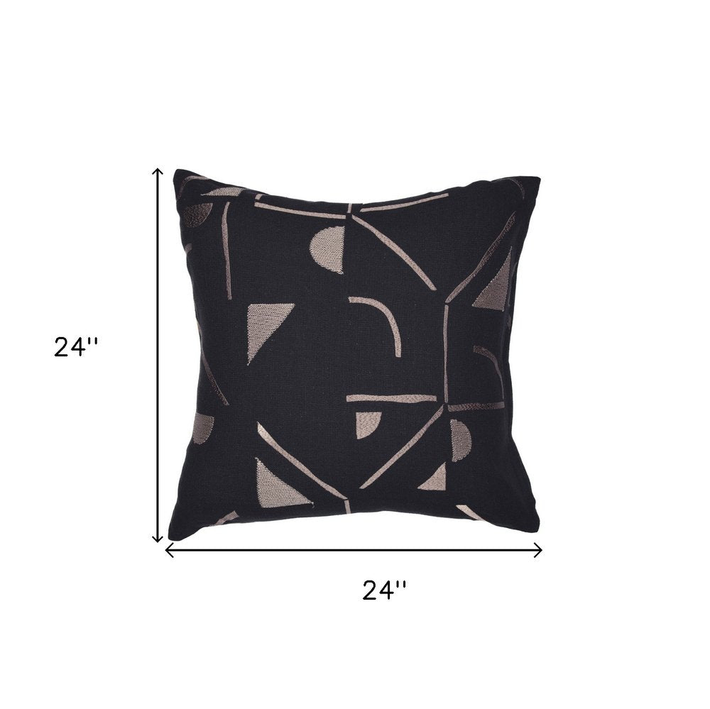 24" Beige and Black Geometric Cotton Blend Throw Pillow With Embroidery
