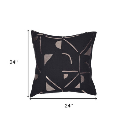 24" Beige and Black Geometric Cotton Blend Throw Pillow With Embroidery
