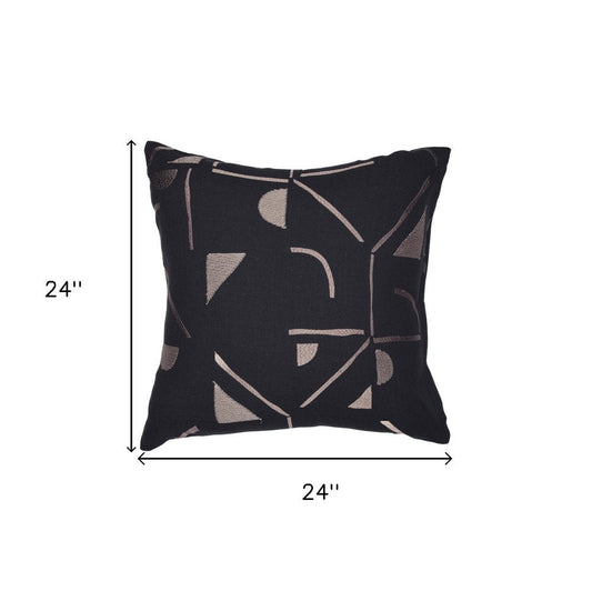 24" Beige and Black Geometric Cotton Blend Throw Pillow With Embroidery