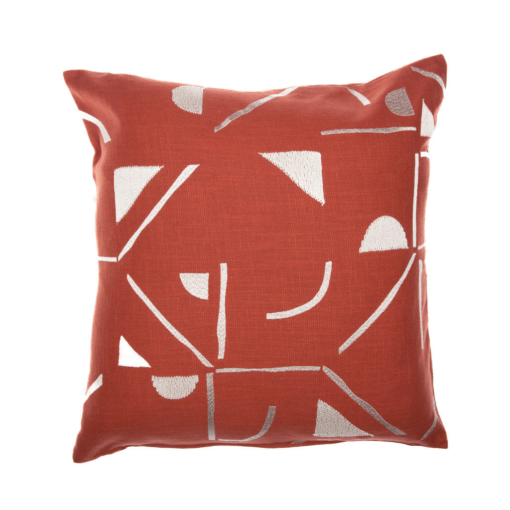 20" Orange and Ivory Geometric Cotton Blend Throw Pillow With Embroidery