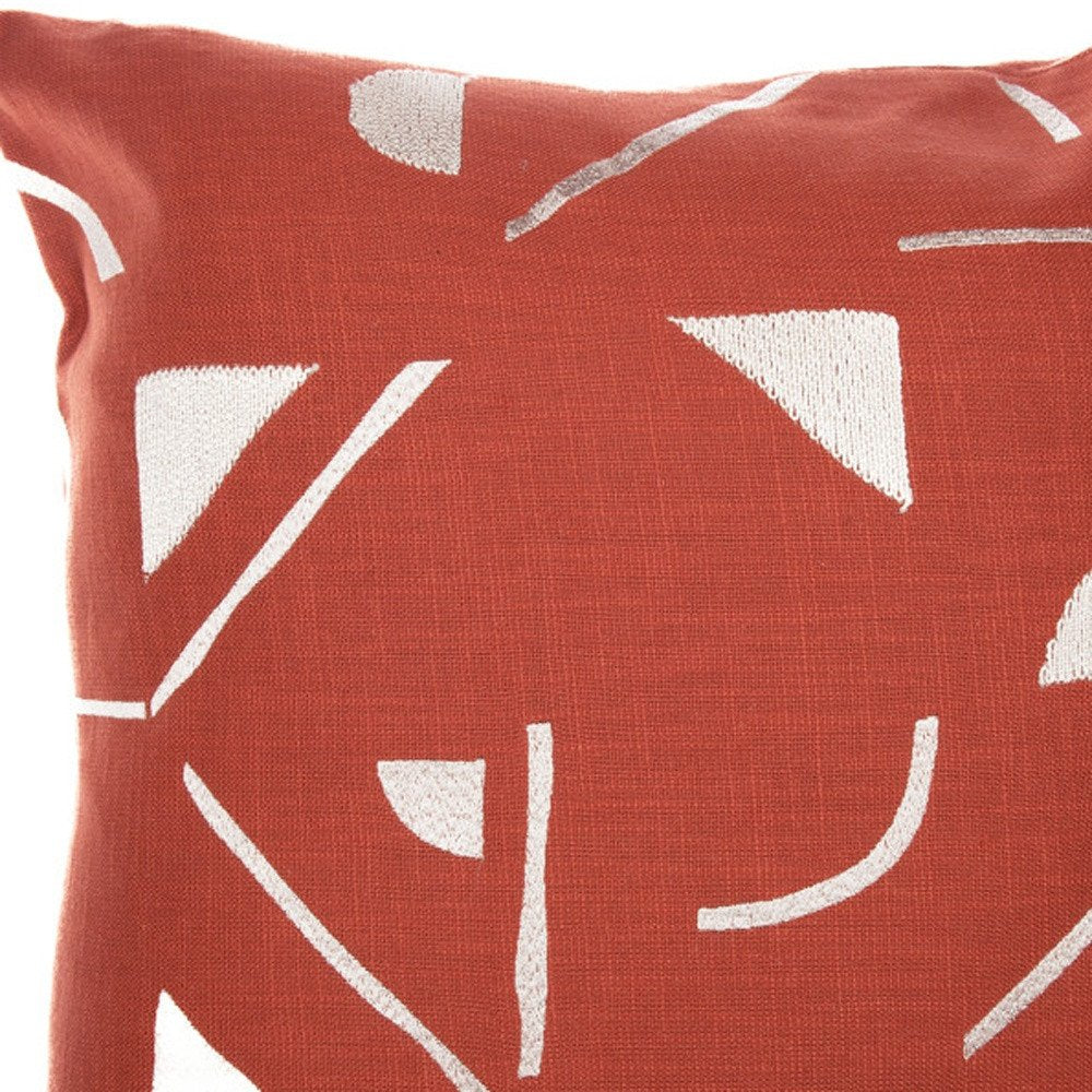 20" Orange and Ivory Geometric Cotton Blend Throw Pillow With Embroidery — view 7