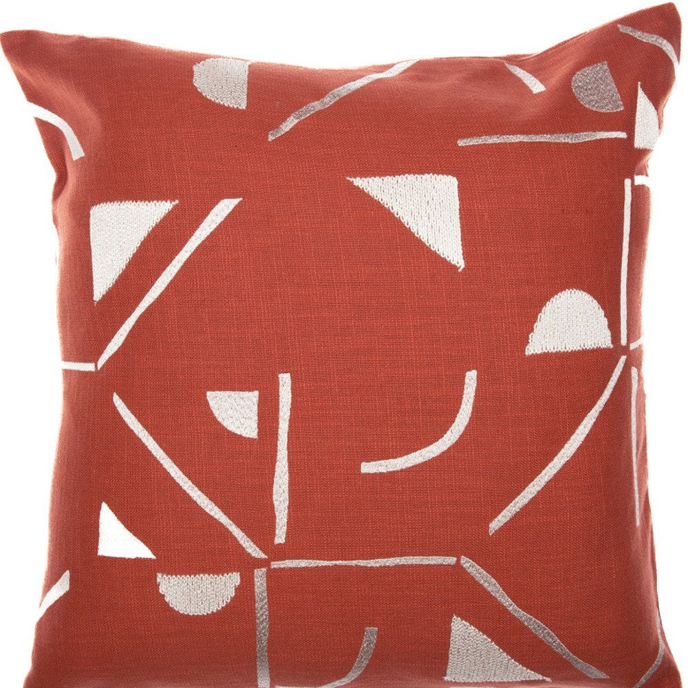 20" Orange and Ivory Geometric Cotton Blend Throw Pillow With Embroidery HomeRoots