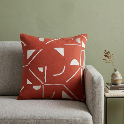 20" Orange and Ivory Geometric Cotton Blend Throw Pillow With Embroidery HomeRoots