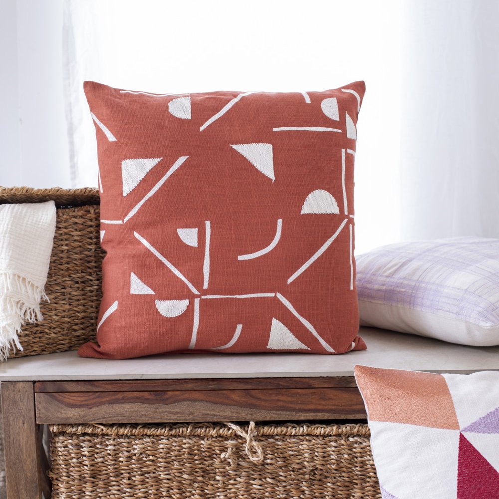 20" Orange and Ivory Geometric Cotton Blend Throw Pillow With Embroidery — view 2