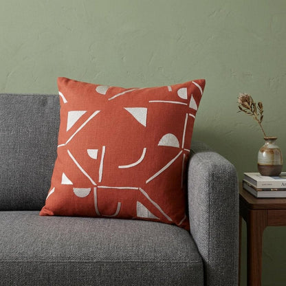 24" Orange and Ivory Geometric Cotton Blend Throw Pillow  With Embroidery HomeRoots