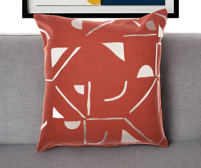 24" Orange and Ivory Geometric Cotton Blend Throw Pillow  With Embroidery FurniFindUSA