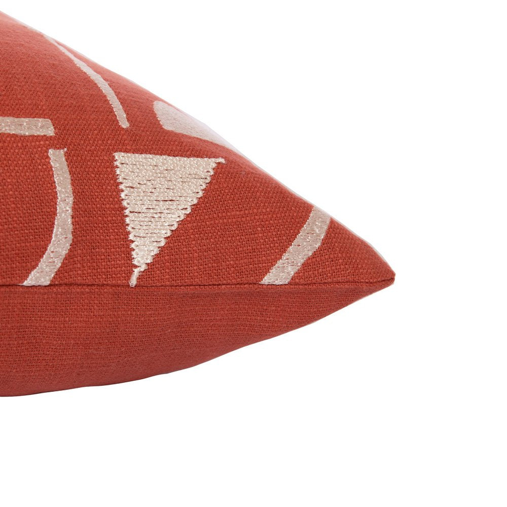 24" Orange and Ivory Geometric Cotton Blend Throw Pillow  With Embroidery HomeRoots