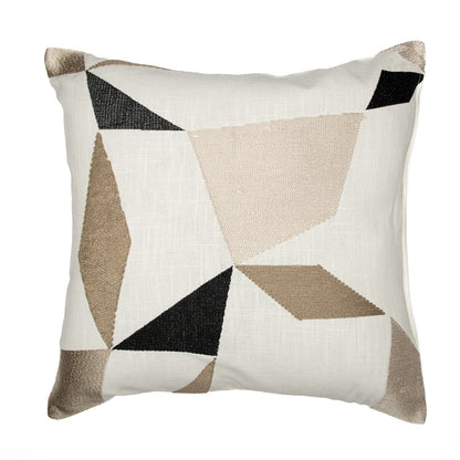 24" Taupe and Ivory Geometric Cotton Blend Throw Pillow With Embroidery