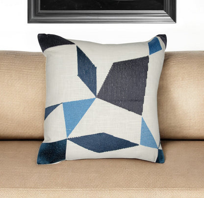 20" Ivory and Blue Geometric Cotton Blend Throw Pillow With Embroidery