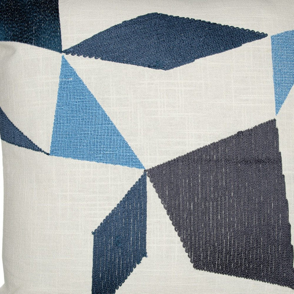 24" Ivory and Blue Geometric Cotton Blend Throw Pillow  With Embroidery — view 9