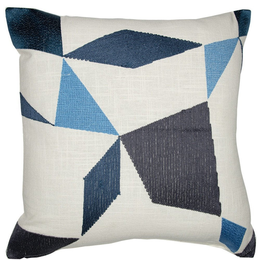 24" Ivory and Blue Geometric Cotton Blend Throw Pillow  With Embroidery — view 10