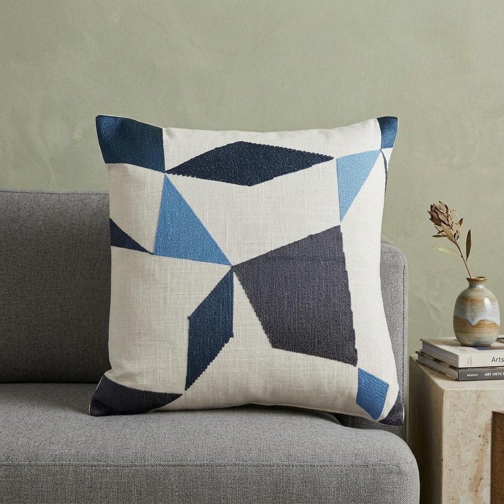 24" Ivory and Blue Geometric Cotton Blend Throw Pillow  With Embroidery HomeRoots