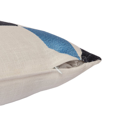 24" Ivory and Blue Geometric Cotton Blend Throw Pillow  With Embroidery HomeRoots