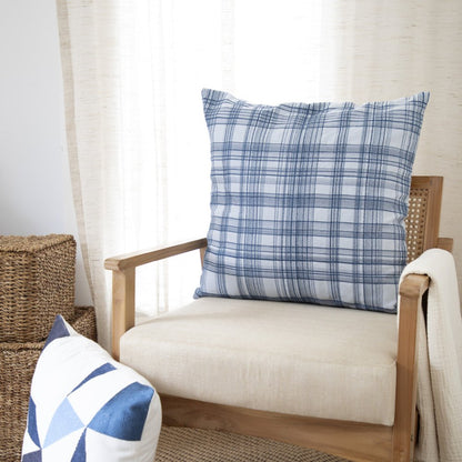 24" Ivory and Blue Geometric Cotton Blend Throw Pillow  With Embroidery HomeRoots