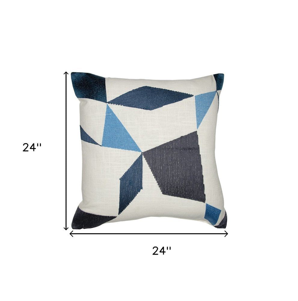 24" Ivory and Blue Geometric Cotton Blend Throw Pillow  With Embroidery — view 8