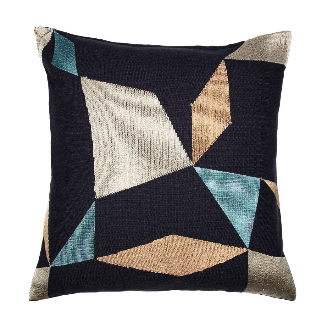 20" Blue and Beige Geometric Cotton Blend Throw Pillow With Embroidery