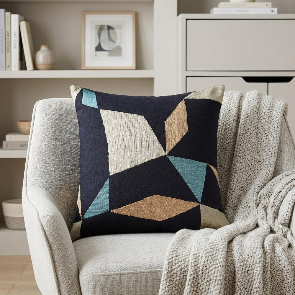 20" Blue and Beige Geometric Cotton Blend Throw Pillow With Embroidery — view 11