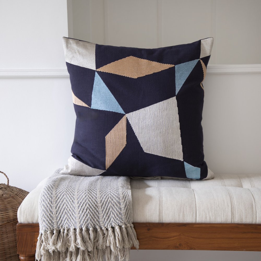 20" Blue and Beige Geometric Cotton Blend Throw Pillow With Embroidery — view 2
