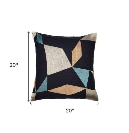 20" Blue and Beige Geometric Cotton Blend Throw Pillow With Embroidery HomeRoots