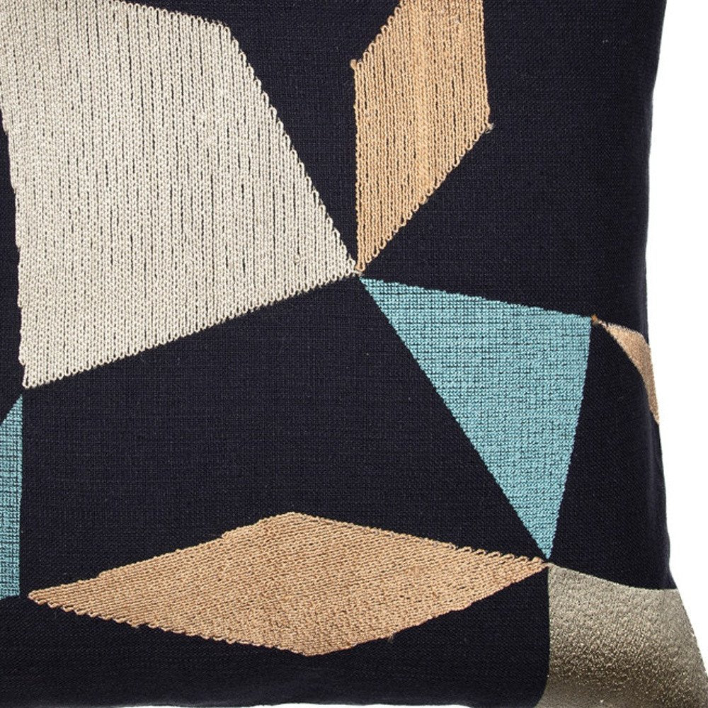 24" Blue and Beige Geometric Cotton Blend Throw Pillow With Embroidery HomeRoots