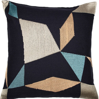 24" Blue and Beige Geometric Cotton Blend Throw Pillow With Embroidery HomeRoots