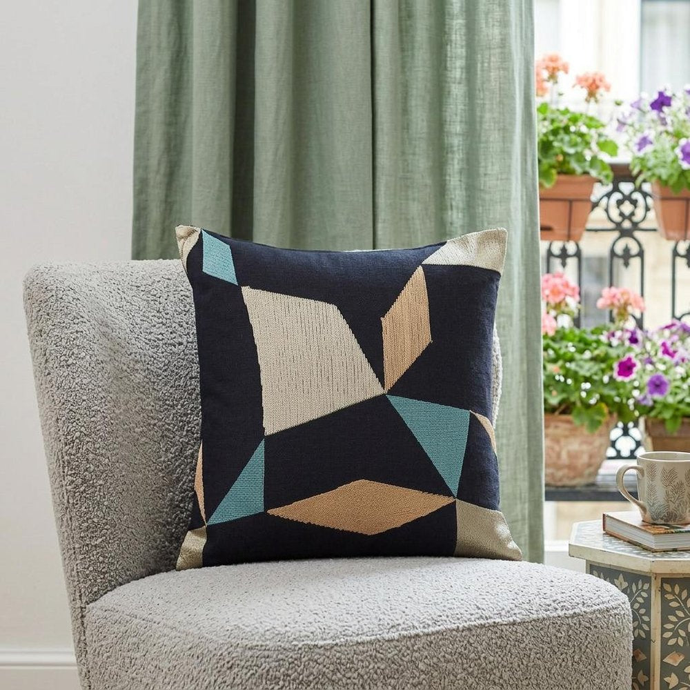 24" Blue and Beige Geometric Cotton Blend Throw Pillow With Embroidery — view 1