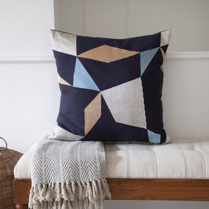 24" Blue and Beige Geometric Cotton Blend Throw Pillow With Embroidery HomeRoots