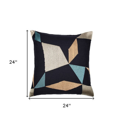 24" Blue and Beige Geometric Cotton Blend Throw Pillow With Embroidery HomeRoots