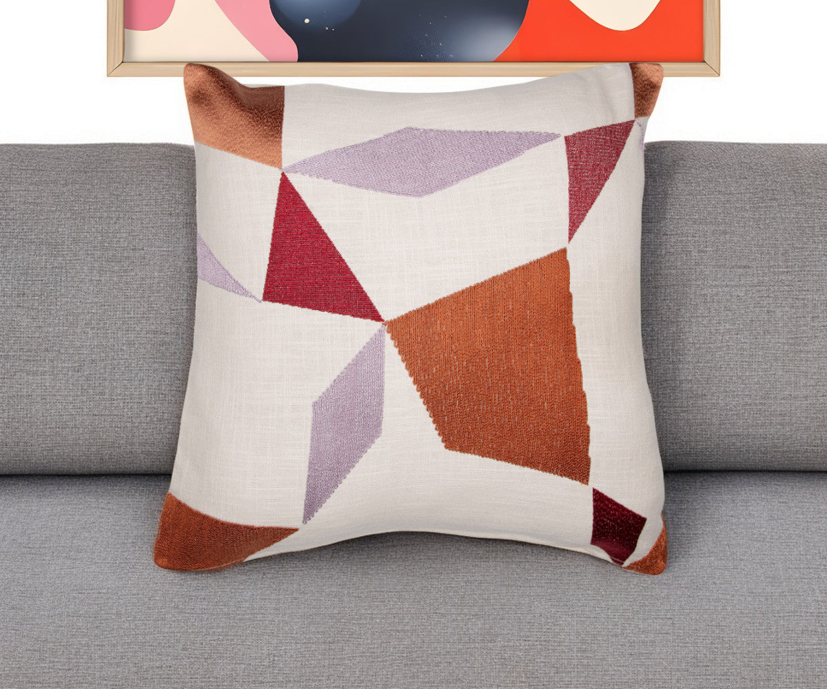 20" Ivory Red and Orange Geometric Cotton Blend Throw Pillow With Embroidery FurniFindUSA