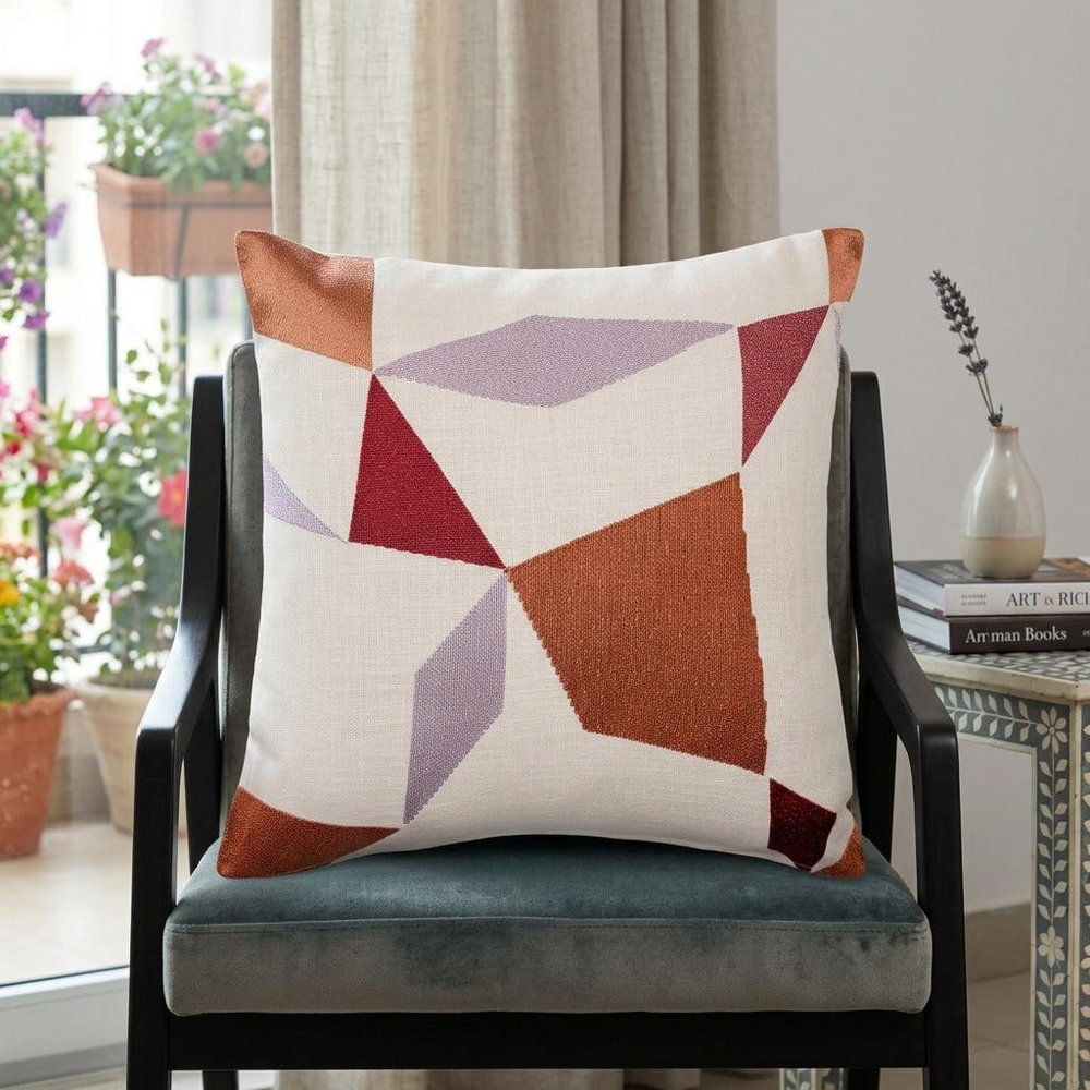 24" Ivory Geometric Cotton Blend Throw Pillow With Embroidery HomeRoots