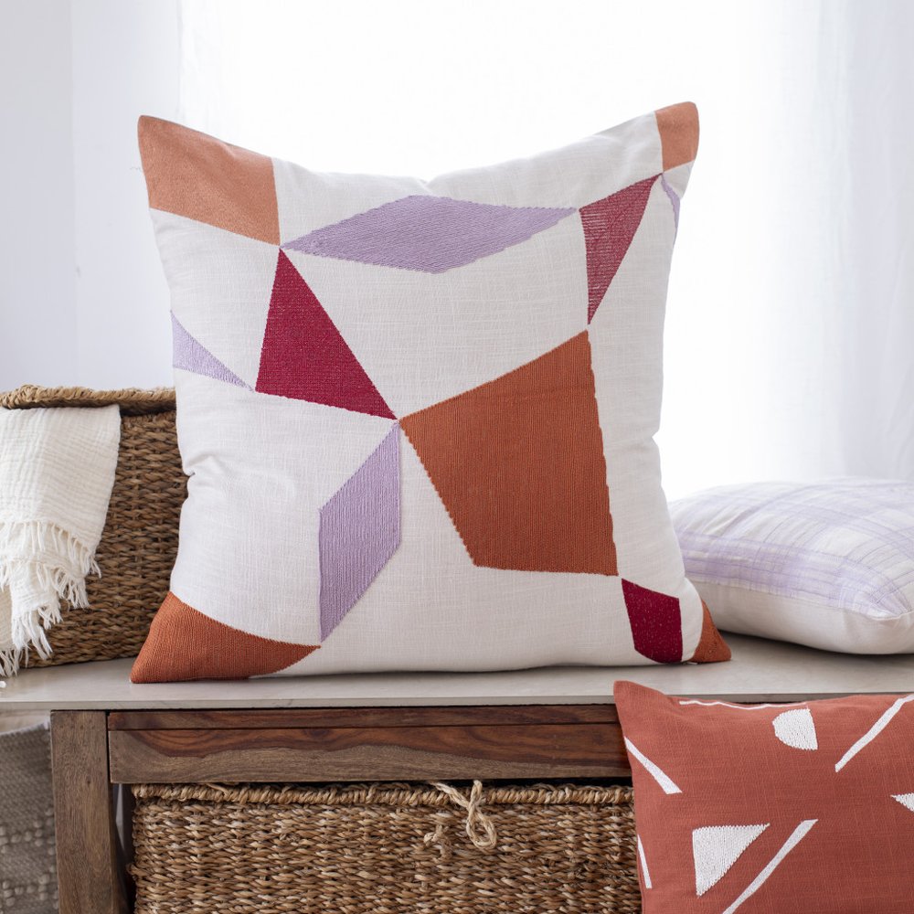 24" Ivory Geometric Cotton Blend Throw Pillow With Embroidery — view 9