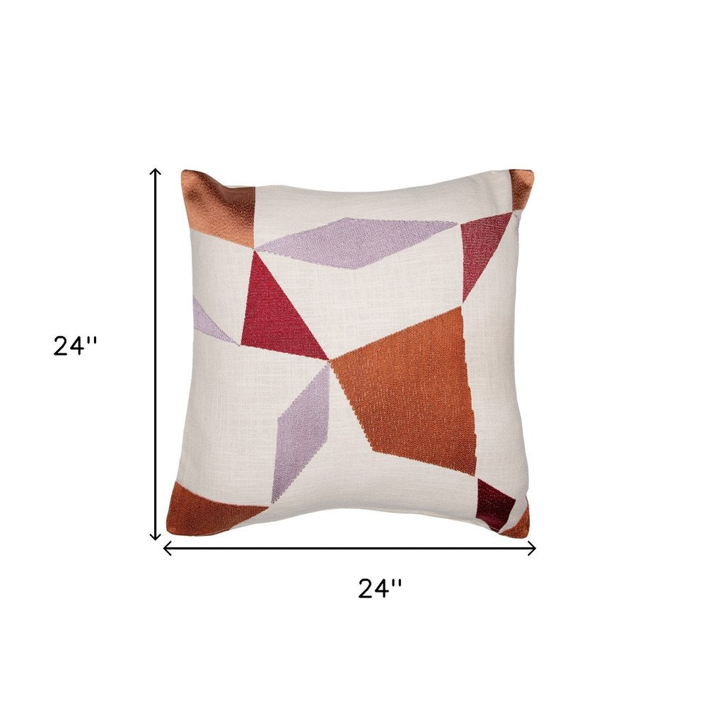 24" Ivory Geometric Cotton Blend Throw Pillow With Embroidery HomeRoots
