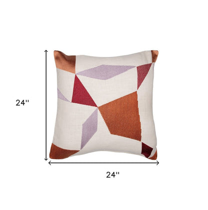 24" Ivory Geometric Cotton Blend Throw Pillow With Embroidery HomeRoots