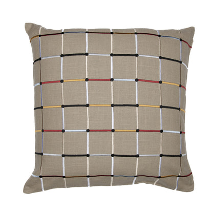 24" Beige Check Cotton Blend Throw Pillow With Embroidery