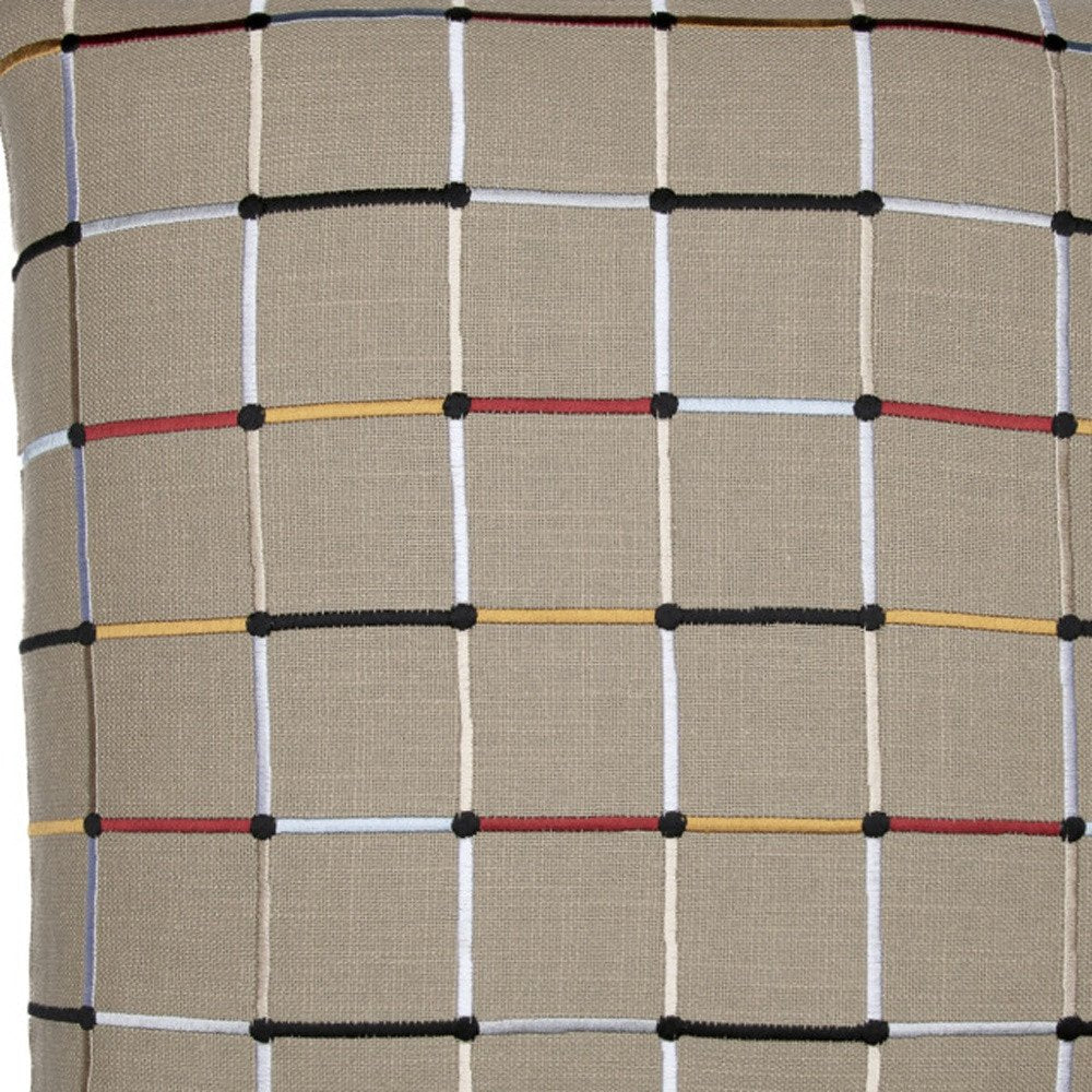 24" Beige Check Cotton Blend Throw Pillow With Embroidery — view 9
