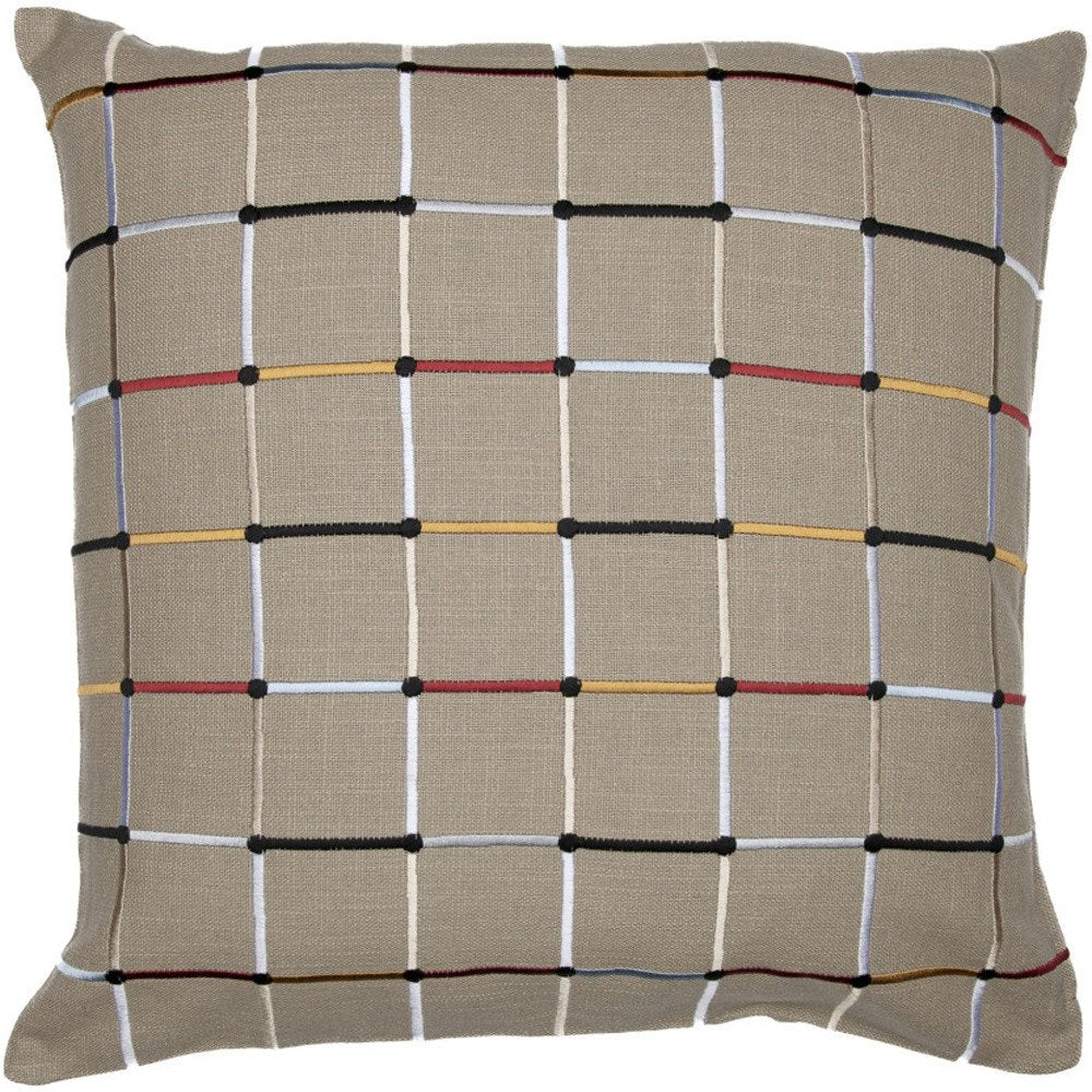 24" Beige Check Cotton Blend Throw Pillow With Embroidery — view 10