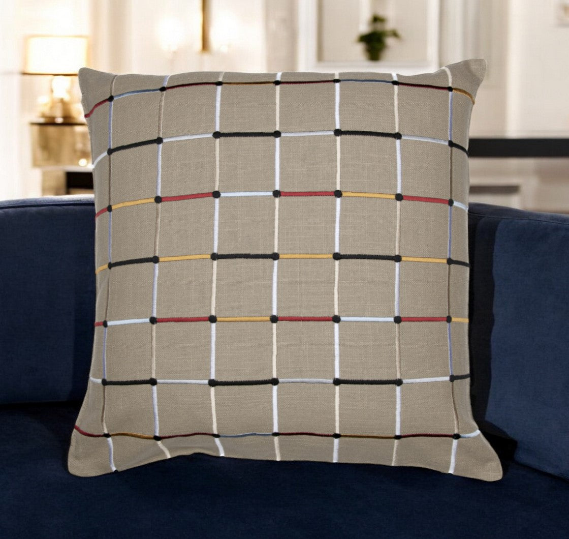 24" Beige Check Cotton Blend Throw Pillow With Embroidery