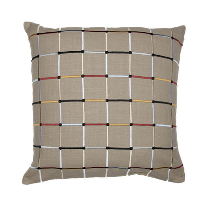24" Beige Check Cotton Blend Throw Pillow With Embroidery HomeRoots