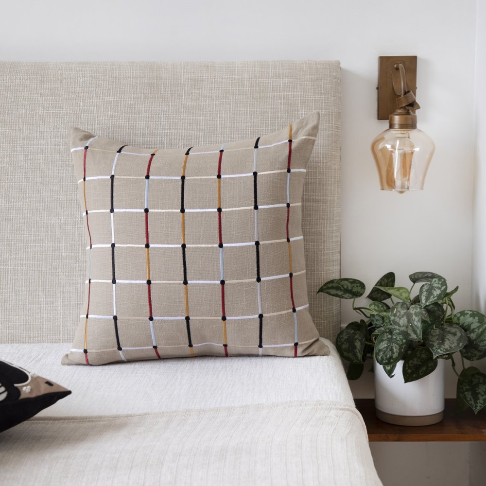 24" Beige Check Cotton Blend Throw Pillow With Embroidery — view 2
