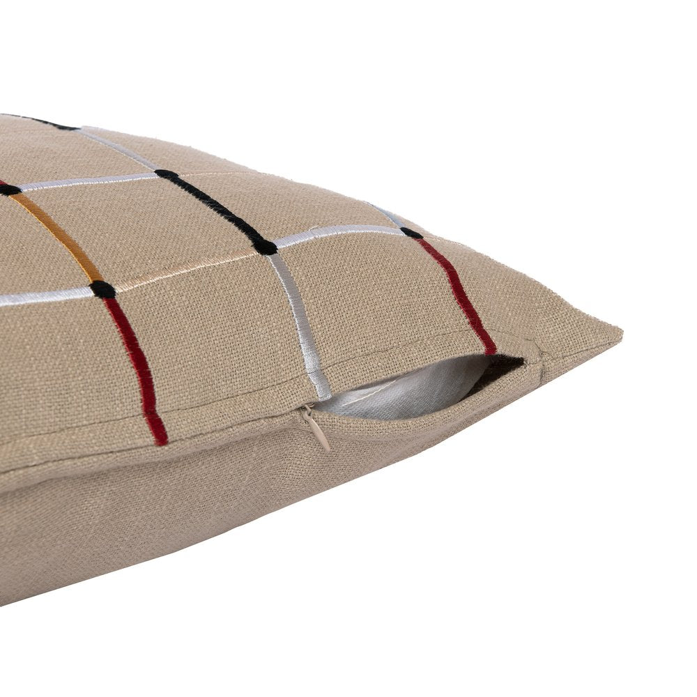 24" Beige Check Cotton Blend Throw Pillow With Embroidery HomeRoots