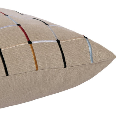 24" Beige Check Cotton Blend Throw Pillow With Embroidery HomeRoots