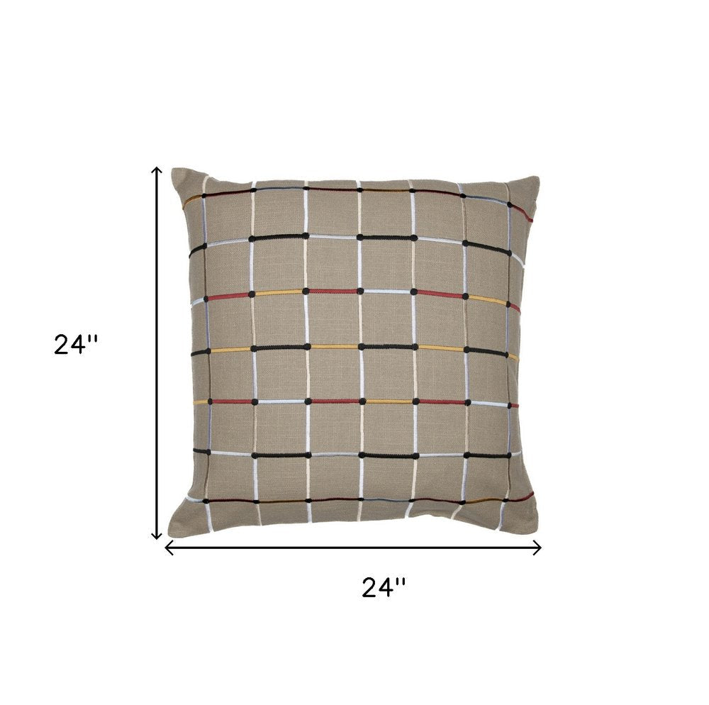 24" Beige Check Cotton Blend Throw Pillow With Embroidery — view 8