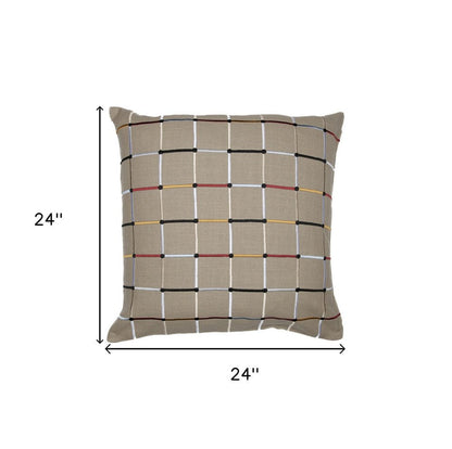 24" Beige Check Cotton Blend Throw Pillow With Embroidery HomeRoots