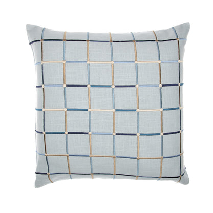 20" Light Blue Check Cotton Blend Throw Pillow With Embroidery