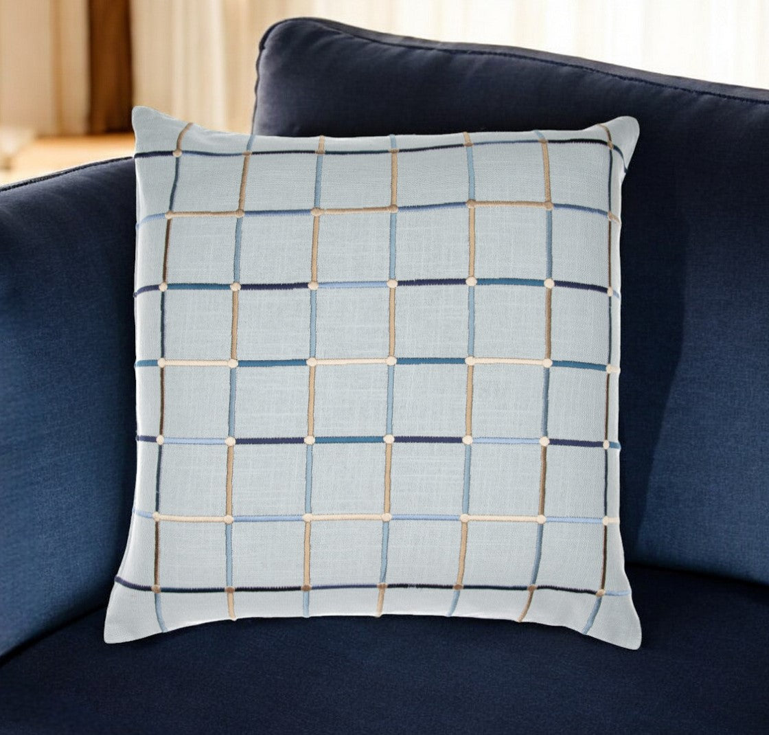 20" Light Blue Check Cotton Blend Throw Pillow With Embroidery