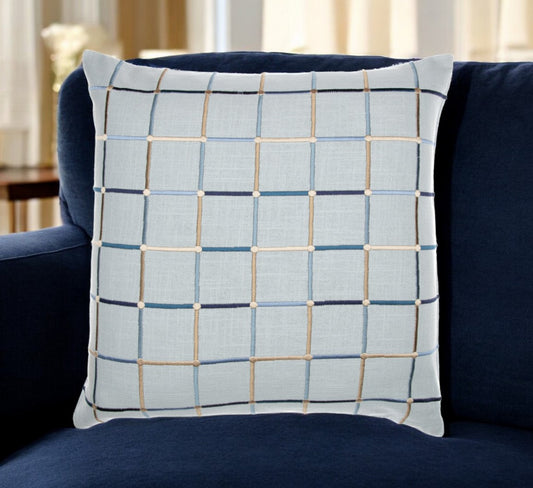 24" Light Blue Check Cotton Blend Throw Pillow  With Embroidery