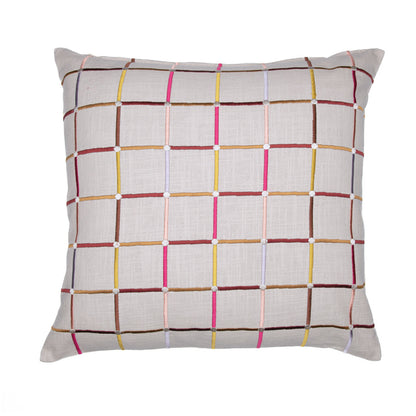 24" White Check Cotton Blend Throw Pillow With Embroidery