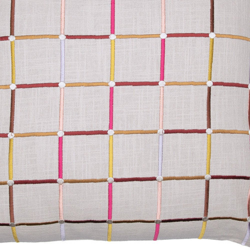 24" White Check Cotton Blend Throw Pillow With Embroidery — view 6