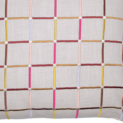 24" White Check Cotton Blend Throw Pillow With Embroidery HomeRoots